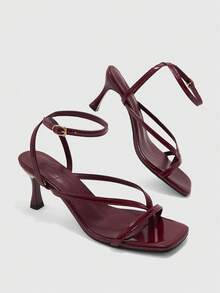 CUCCOO BIZCHIC Women's Spring/Summer New Burgundy Ankle Strap Thin Strap High Heel Sandals, Fashionable Comfortable Versatile Sexy Thong Sandals - Burgundy - View 5