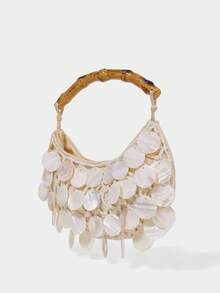 SHECARRY Ladies Fashionable Elegant Simple Heavy Industry Handmade Shell Pieces Wooden Handbag, Summer Vacation Beach Seaside - Beige - View 2