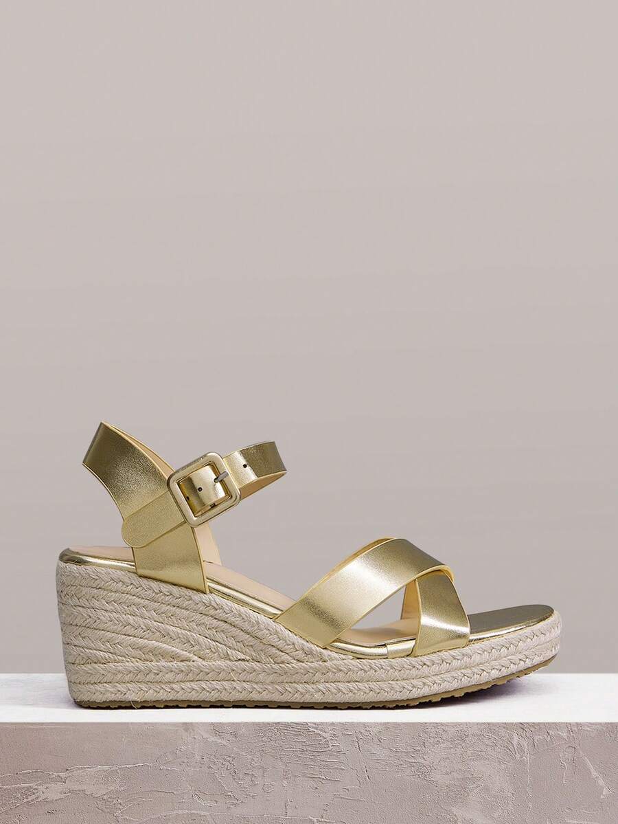 Styleloop Simple Cross-Strap Buckle Wedge Sandals, Comfortable Open-Toed Shoes With Straw Soles, Fashionable Embroidery Thread For Daily Travel And Com - Gold - View 1