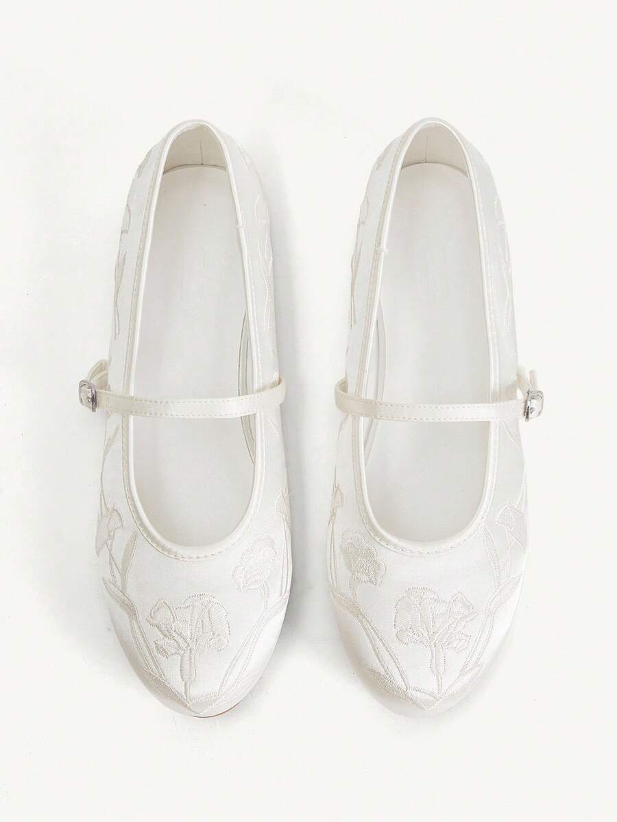 CUCCOO CHICEST 女款白色緞面刺繡時尚度假沙灘優雅平底鞋 - 白色色丁 - 查看 1
