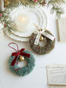 Cirelle 1pc Mini Plush Christmas Wreath Ornaments With Bell & Ribbon Bow, Cozy Faux Fur Hanging Tree Decor For Holiday Door, Mantel & Party Crafts - multicolor - View 8