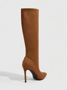 CUCCOO SZL Brown Elastic Patchwork Pointed Toe High Shaft Boots For Women, Autumn/Winter Thin Heel Slimming Knee-High Boots, Commute Versatile - caramel color - View 3
