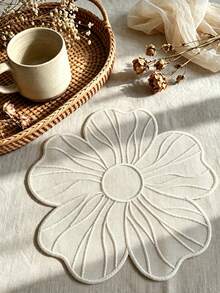 Cirelle 1pc Floral Embroidered Placemat And Coaster, White Flower Shaped Fabric Table Mat, Elegant Heat Resistant Tableware Dinner Mat For Home Wedding Party Decor - Beige - View 5