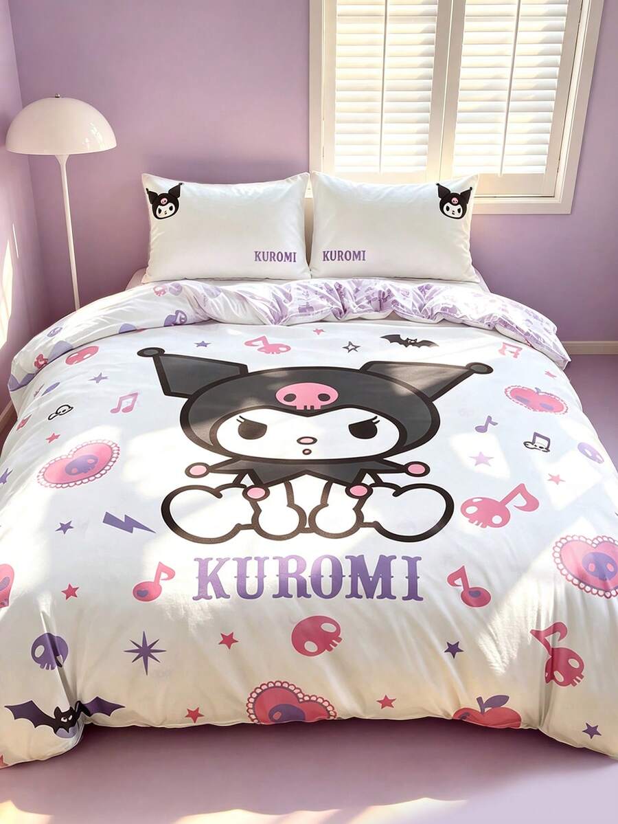 HELLO KITTY AND FRIENDS | SHEIN 三件套動物卡通印花被套,拋光材質,柔軟保暖,藍色被套,雙面圖案,多種尺寸可選,適用於單人床/雙人床/加大床,送禮佳品 - 白紫色 - 查看 1