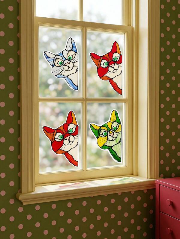 Joivida 1Pc Cute Peeking Cat Stained Glass Window Decals,Reflective Light-Catching Cat Window Stickers, Waterproof PVC Decorative Stickers For Home Windows, Room Walls, Car Glass & Bathroom Mirrors, 5 Unique Styles Available, Vibrant Home & Vehicle Decor