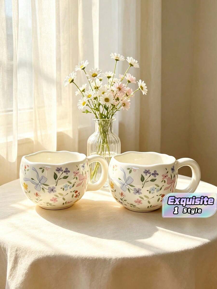 Milk Whoosh Petal Mouth Floral Butterfly Bow Mug, Suitable For Home, Dormitory And Office Use, Breakfast, Afternoon Tea, Milk Coffee, Gift High Aesthetic Ceramic Water Cup - Multicolor - View 1