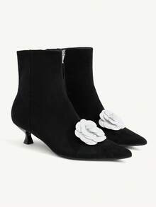 CUCCOO CHICEST Women's Autumn/Winter New Camellia Floral Patchwork Pointed Toe Kitten Heel Boots - ink black - View 1