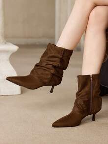 MOTF Botas de media pantorrilla con punta puntiaguda y cremallera lateral para Navidad y primavera - Verde Oscuro - Ver 4