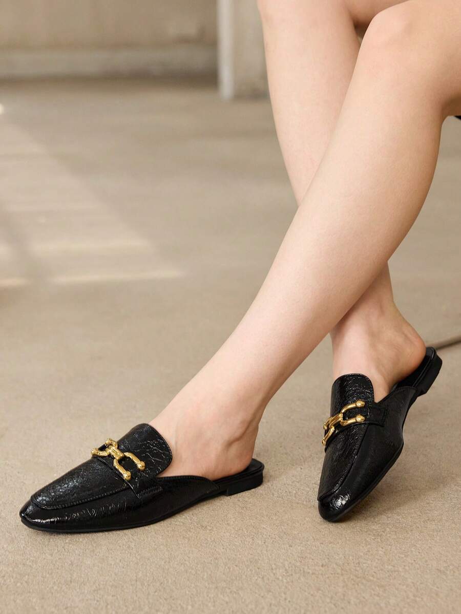 MOTF PREMIUM CASUAL COMFORTABLE METALLIC DETAIL FLATS, FOR NEW YEAR HOLIDAY, SPRING SHOES SPRING BREAK EASTER - Graphite Black - View 1