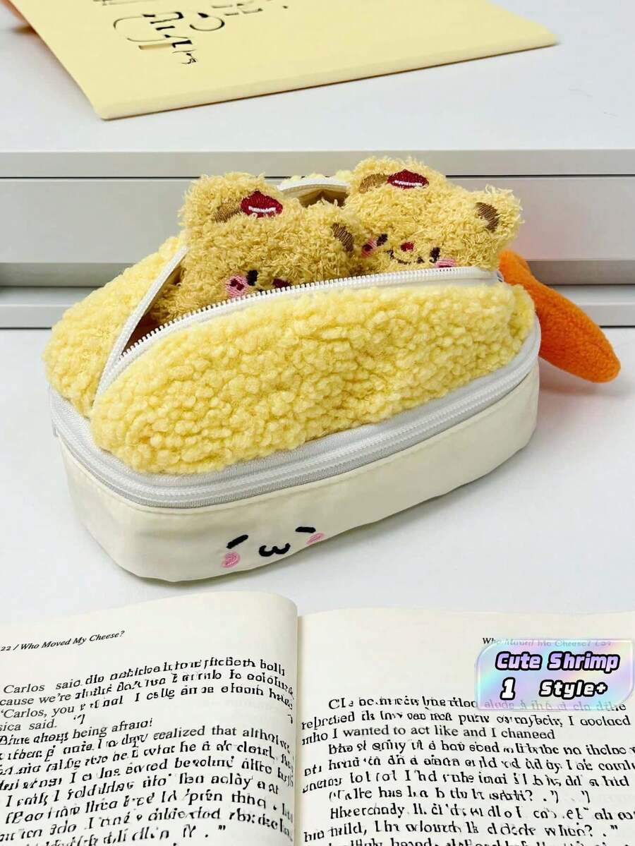 1PC Large Capacity Double Layer Cute Shrimp Shape Pencil Case Pen Bag Multifunctional Stationery Organizer For School Student Desk Storage High Appearance Ins Style Gift - Single Piece - View 1