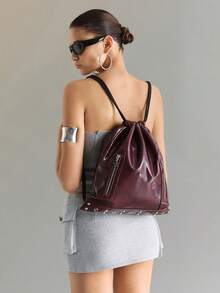 Viva Strut Ladies Backpack, Y2K  Cool Hot Girl, Zipper Design Metal Air Eye Rivets Fashion Drawstring Design Suitable For Daily Shopping On Campus - Burgundy - View 7