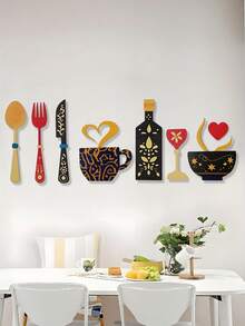 8PCS Creative Rustic Wooden Wall Art Hanging Set Fork Coffee Cup Wine Glass Shape Kitchen Cafe Restaurant Bar Wall Sign Home Decor Housewarming Halloween Christmas Gift Must Haves - multicolor - View 5