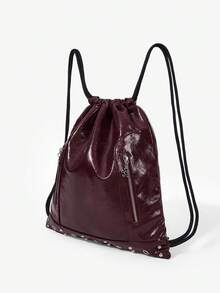 Viva Strut Ladies Backpack, Y2K  Cool Hot Girl, Zipper Design Metal Air Eye Rivets Fashion Drawstring Design Suitable For Daily Shopping On Campus - Burgundy - View 2