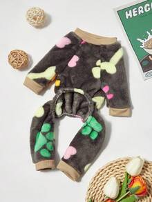 PETSIN 1pc Pet Cat/Dog Brown Fleece Warm Paw & Bone Print Flannel One-Piece Jumpsuit - Multicolor - View 6