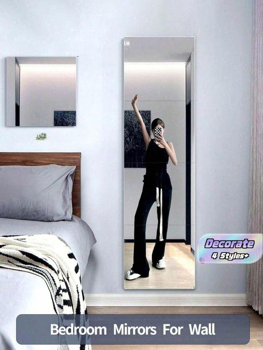 4/8pcs HD Self Adhesive Acrylic Mirror Plate, Frameless Flexible Non-Glass Mirror Free Punching Easy Installation, Home Wall Decorative Mirror Sticker For Gym Living Room Bedroom Office, Ideal Gift For Friends And Fam - color - View 1