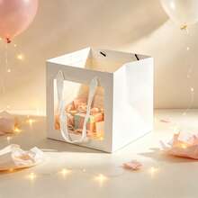 1pc/6pcs Set Square Clear Window Kraft Paper Bags, Daily Necessities Packaging Handheld Bags, Paper Flower Gift Bags With Ribbon Handles, Paper Shopping Bags, Suitable For Birthday, Wedding, Party,Valentine's Day, Easter - multicolor - View 5