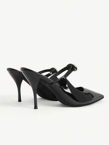 CUCCOO CHICEST Women's Pointed Toe Stiletto Heel Mule Shoes, All-Season Metal Decor Black Patent Leather Commute Party Date Shoes - Black - View 11