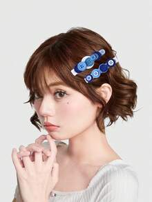 ROMWE Kawaii 2件裝簡約休閒百搭藍粉色不對稱細閃平底按扣DIY髮夾鴨嘴夾側夾組合套裝 - 藍粉色-62 - 查看 7