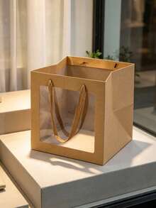 1pc/6pcs Set Square Clear Window Kraft Paper Bags, Daily Necessities Packaging Handheld Bags, Paper Flower Gift Bags With Ribbon Handles, Paper Shopping Bags, Suitable For Birthday, Wedding, Party,Valentine's Day, Easter - multicolor - View 8