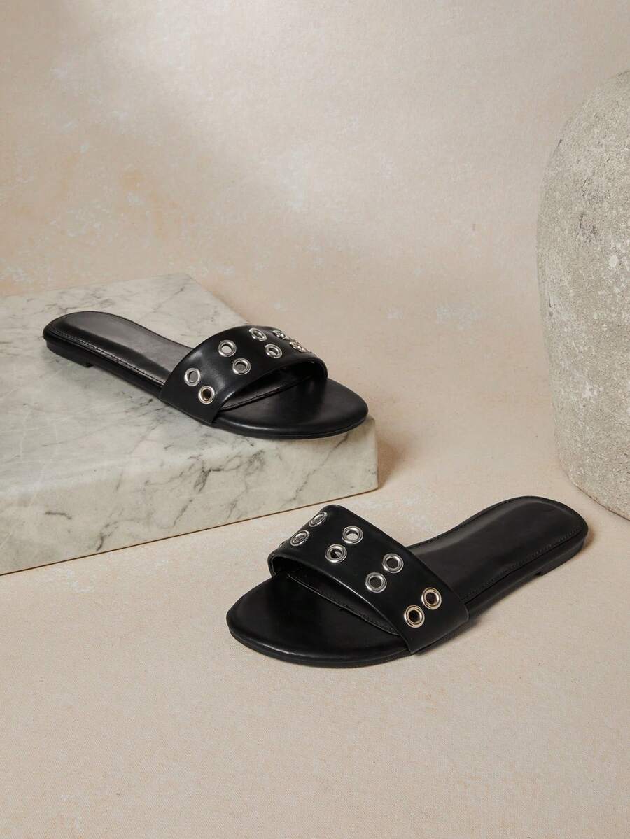 SHUZIA Women's Fashionable Comfortable Metal Eyelets Decor Slip-On Flat Sandals - Black - View 1