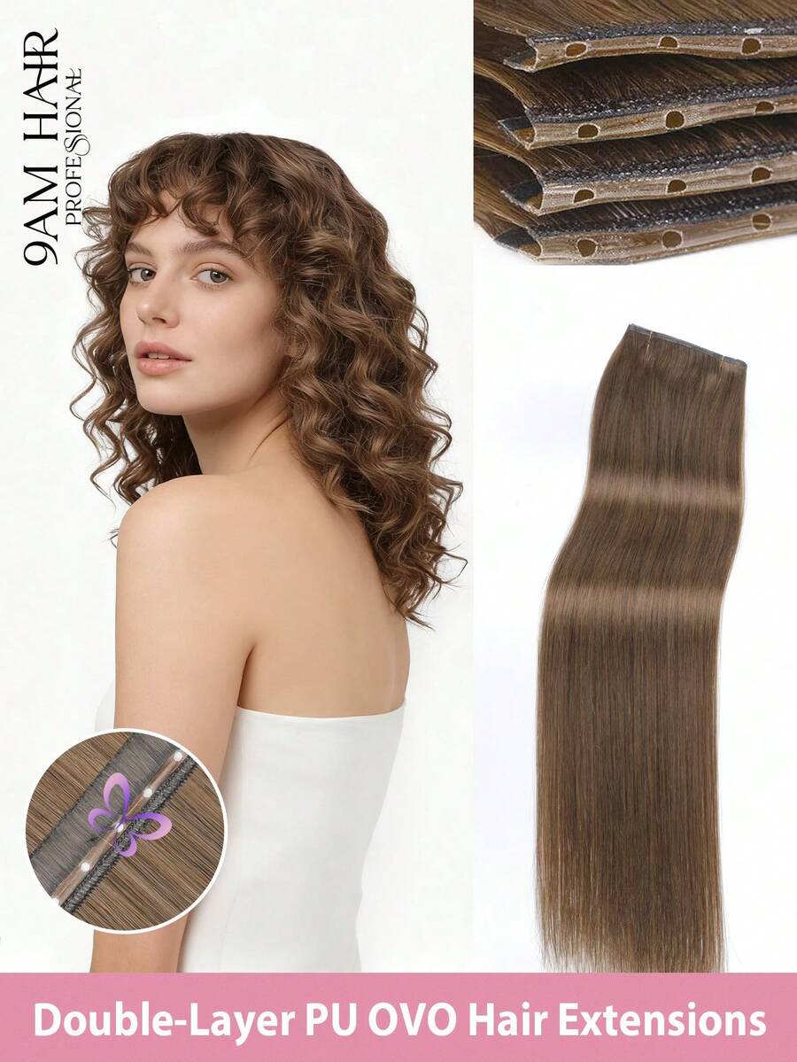 9AM HAIR 蝴蝶结发片，真人发，无胶 OVO PU 孔，手工编织，隐形 DIY 双层发片，直发，1 片装，16 英寸