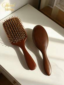 1 Solid Wood Air-Cushion Massage Comb – Wooden-Bristle Scalp Massager & Detangler – Anti-Static Styling Comb For Women - reddish brown - View 2