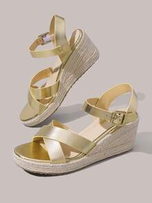 Styleloop Simple Cross-Strap Buckle Wedge Sandals, Comfortable Open-Toed Shoes With Straw Soles, Fashionable Embroidery Thread For Daily Travel And Com - Gold - View 7