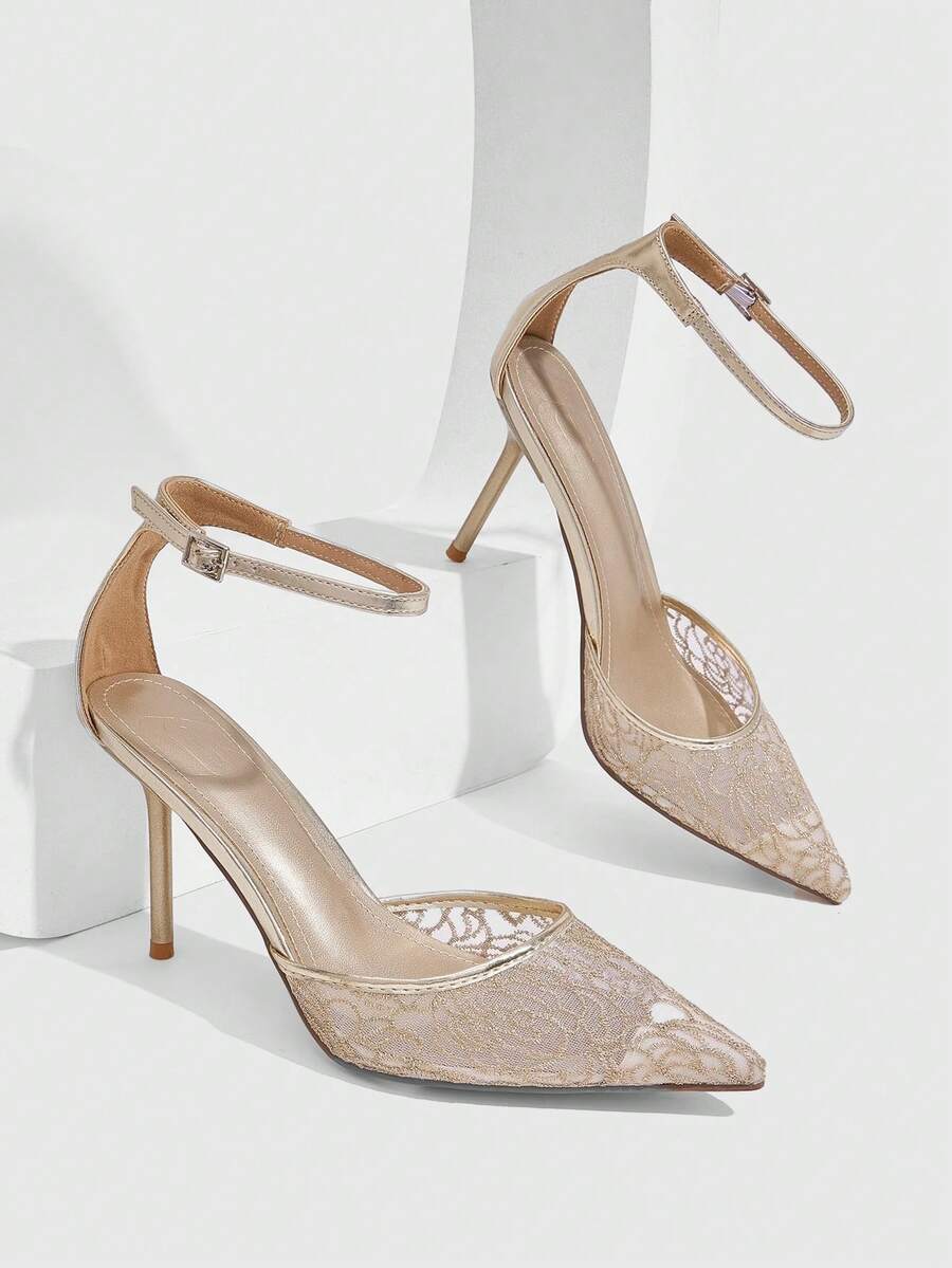 CUCCOO SZL Women's Fashion New Pointed Toe European & American Minimalist French Rose Pattern Lace Fabric High Heel Pumps Fall Shoes - Gold - View 1