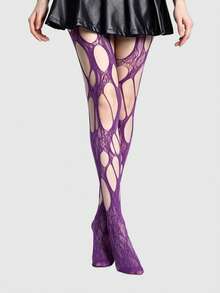 ROMWE Goth 性感女士破洞黑色魚網襪 - 洞洞紫色 - 查看 2