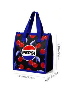 PEPSI X SHEIN 大容量可攜式保溫午餐提袋 櫻桃印花 保溫保冷袋 適合學生與上班族 日常餐點野餐戶外食物儲存 - 藍黑紅色 - 查看 6