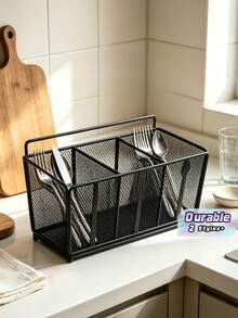 3/4 Compartment Black Metal Mesh Utensil Caddy, Cutlery Storage Organizer With Handle, Fork Spoon Knife Pattern Silverware Holder For Kitchen Countertop Table Restaurant - Knife and fork storage rack - View 1