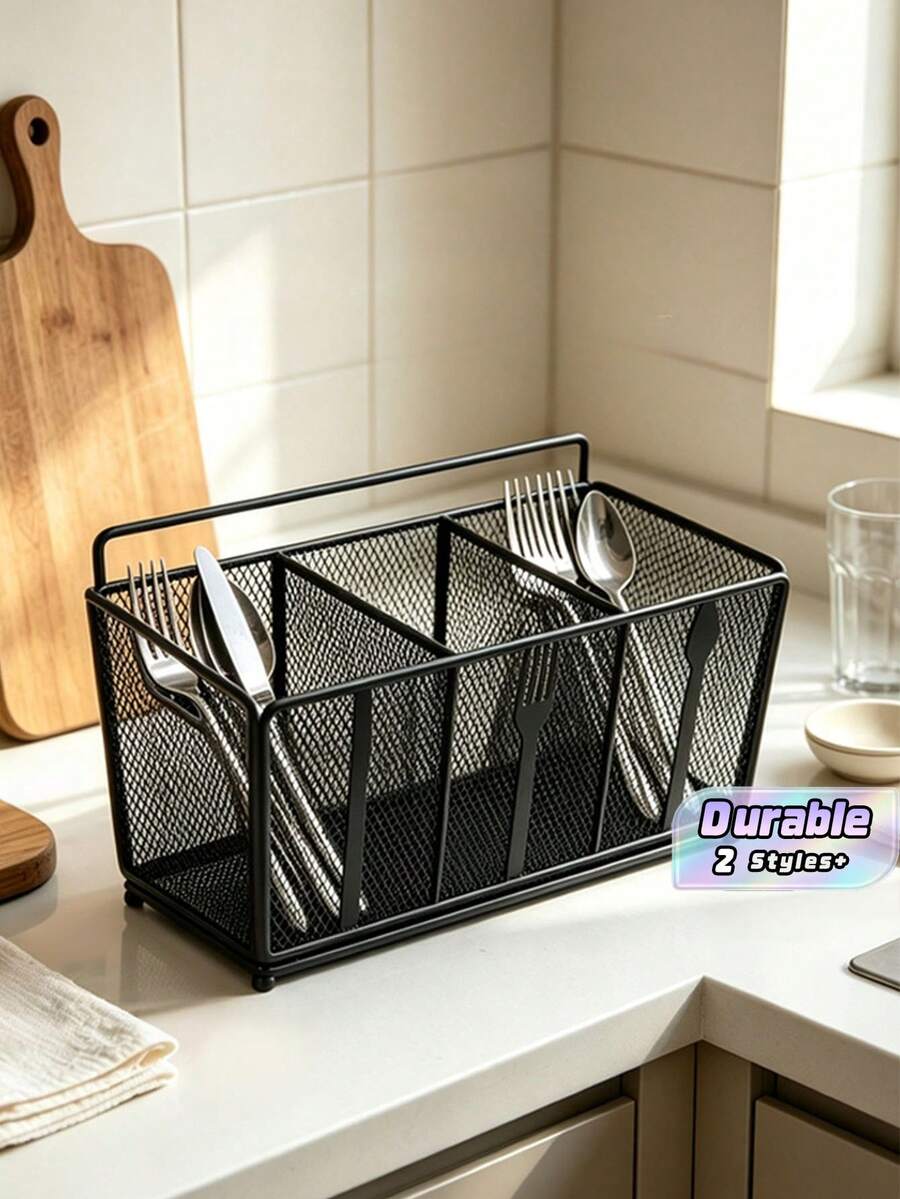 3/4 Compartment Black Metal Mesh Utensil Caddy, Cutlery Storage Organizer With Handle, Fork Spoon Knife Pattern Silverware Holder For Kitchen Countertop Table Restaurant - Knife and fork storage rack - View 1