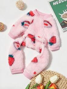 PETSIN 1pc Pet Dog/Cat Universal Pink Fleece Strawberry Print Jumpsuit, Warm - Multicolor - View 5