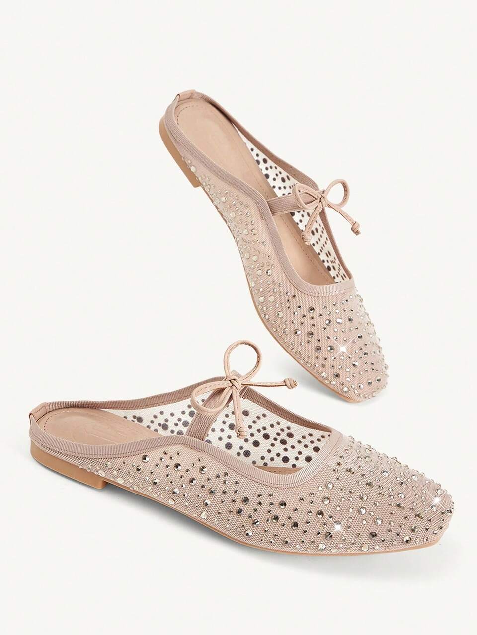 CUCCOO CHICEST Women Shoes Spring And Summer Fashion Dark Apricot Full Diamond Mesh Yarn Small Bow Elastic Band Flat Muller Shoes Elegant Fashion Comfortable Breatha