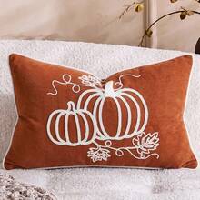 Cirelle 1pc/2pcs Corduroy Pumpkin Embroidered Lumbar Pillow Covers, Farmhouse Style Rectangular Cushion Cases For Fall & Thanksgiving With Pumpkin Vine And Leaf Pattern, Decor For Sofas, Bedrooms, Bay Windows And Homestays, Pillow Insert Not Included - Orange - View 9