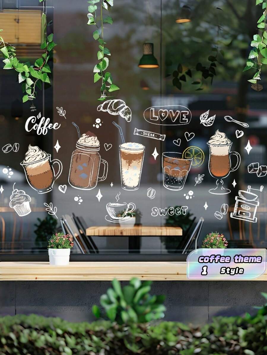 Hand-Drawn Coffee Window Static Cling Sticker, Cartoon Drink Dessert Bread Designs, Adhesive-Free Reusable, For Coffee Shop, Bakery, Home, Office, Storefront Glass Decor - Milk tea cup - View 1