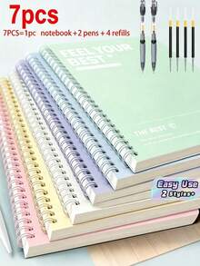 7-In-1 Stationery Set | A5 Hardcover Spiral Notebook, 0.5mm Ballpoint Pen And Refills, Smooth Writing And Tear-Off Pages, School And Office Supplies, Student Stationery, Daily Writing, Note-Taking - Multicolor - View 1