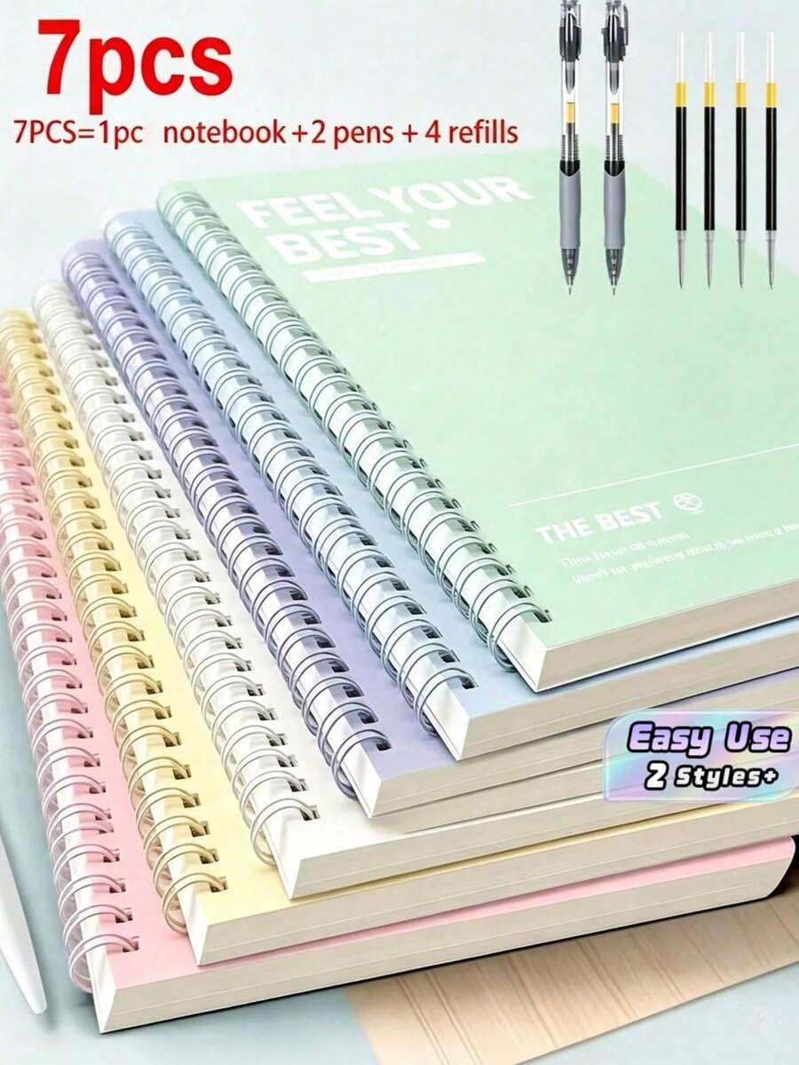 7-In-1 Stationery Set | A5 Hardcover Spiral Notebook, 0.5mm Ballpoint Pen And Refills, Smooth Writing And Tear-Off Pages, School And Office Supplies, Student Stationery, Daily Writing, Note-Taking - Multicolor - View 1