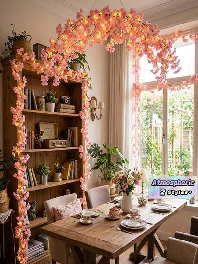 1pc Pink Artificial Cherry Blossom String Lights, Perfect For Home Decor, Furniture Decorations And Festival Party Atmosphere, Valentine Day, Gift,Fake Plants,Suitable For Party, Festival, Birthday, Wedding Decor, Furniture Lighting, Room Decoration