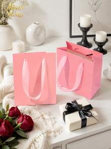 Muroi Mono 1/5/10 Packs Matte Pink Paper Gift Bags With Soft Satin Handheld Handles, 5.5*5.9 Inch Reinforced Bottom Stand-Up Square Pouches, Minimalist Luxury Packaging Bag For Birthday Wedding Holiday Gift Wrapping - Pink - View 8