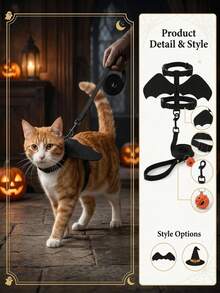 PETSIN 1 SET Halloween fladdermusmönstrad H-formad husdjursselle och koppelset, promenadlina för katter och hundar - Svart - Visa 2