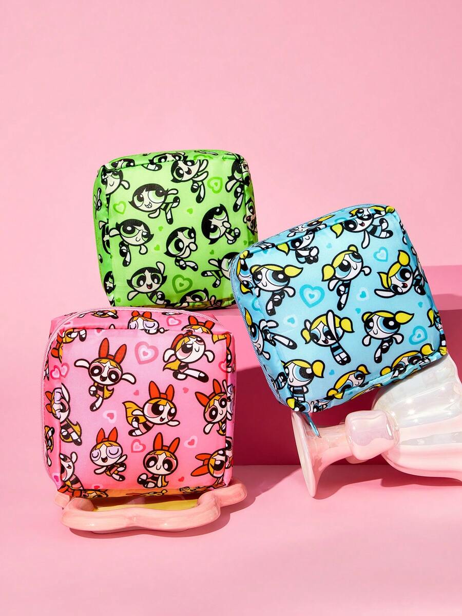 THE POWERPUFF GIRLS X SHEIN Feitian Full Version Square Storage Bag, Zipper Sealed, Can Store Sanitary Napkins, Makeup, Earphone Data Cables, Support Single Or Complete Sets, Girls Commuting, Traveling Portable Multi-Functional Sundries Makeup Storage Bag - Multicolor - View 1
