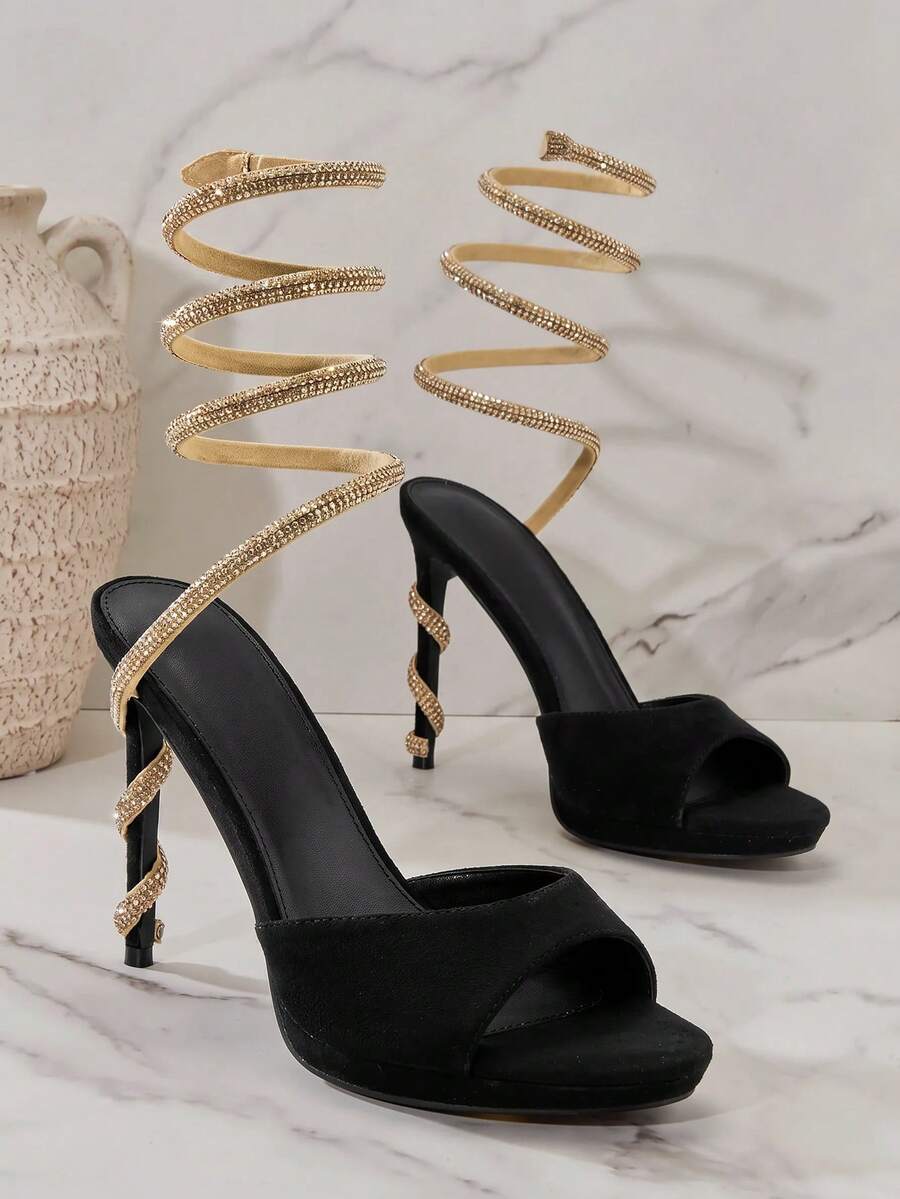 SHUZIA Fabulous Women's Black Gold Wrap Around Rhinestone Ankle Strap Heel, Round Toe Spring Summer Chic Holiday Shoes Valentine's Day Summer Shoes - Black - View 1