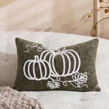 Cirelle 1pc/2pcs Fall Pumpkin Embroidery Lumbar Pillow Covers, Textured Rectangular Cushion Cases With Pumpkin Vine Leaf Pattern, Farmhouse Thanksgiving Autumn Decor For Sofa Bedroom Bay Window Homestay, Pillow Insert Not Included - Dark Green - View 10