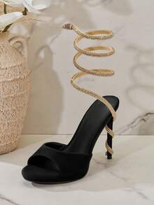 SHUZIA Fabulous Women's Black Gold Wrap Around Rhinestone Ankle Strap Heel, Round Toe Spring Summer Chic Holiday Shoes Valentine's Day Summer Shoes - Black - View 5
