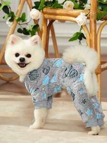 PETSIN 1pc Small Rocket Print Blue Star Flannel Pet Jumpsuit Gray Thick Warm Pet Clothing - Multicolor - View 7