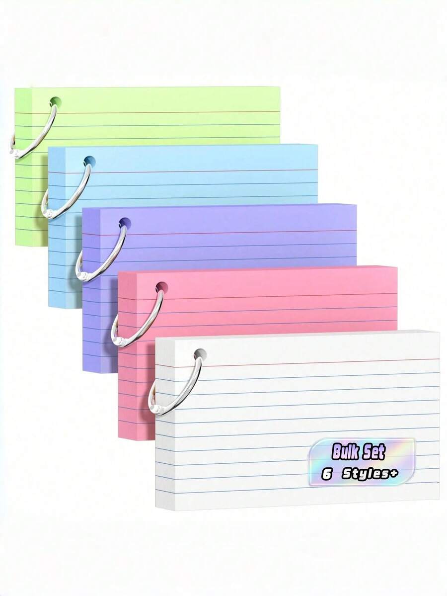 250pcs 3x5 Color Coded Index Cards With Metal Ring, 5 Assorted Colored Flashcards (50 Each), Portable Revision Cards For School Study Note Taking, Back To School Supplies - one-size - View 1
