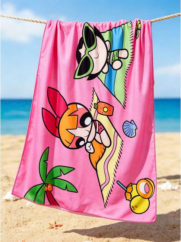 THE POWERPUFF GIRLS X SHEIN 1개 카툰 스펀지 프린트 목욕 타올, 비치 타올, 해변에서 사용 가능, 수영 타올