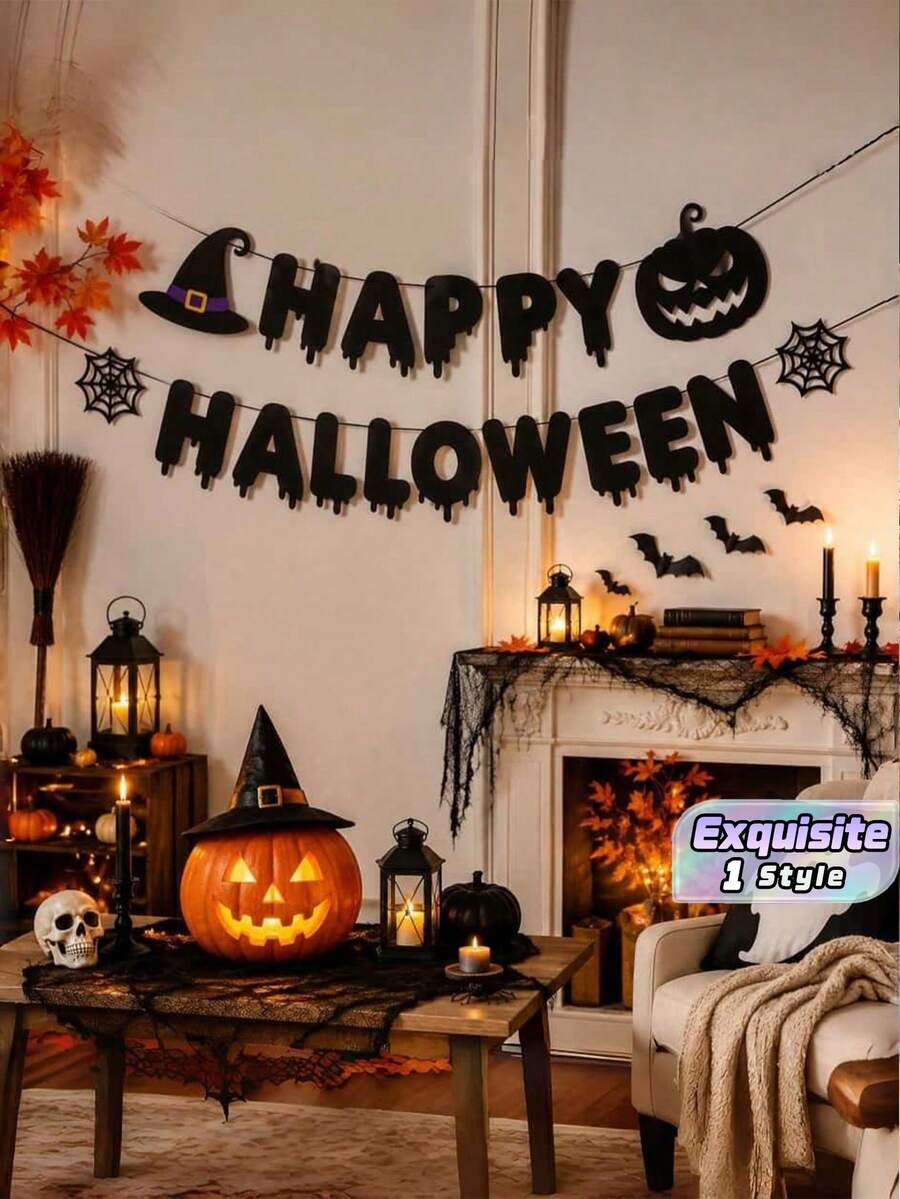 萬聖節橫幅:HAPPY HALLOWEEN 南瓜吊掛橫幅,黑色恐怖派對背景裝飾 - 查看 1