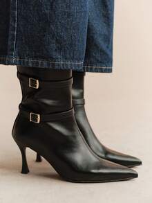 Rosivie Women's Double Buckle With Decorative Short Ankle Boots, Pointed Horn Stiletto High Heel Ankle Boots, Elegant Black Imitation Leather Fashion Boots, D Fall Shoes - Black - Color - View 4
